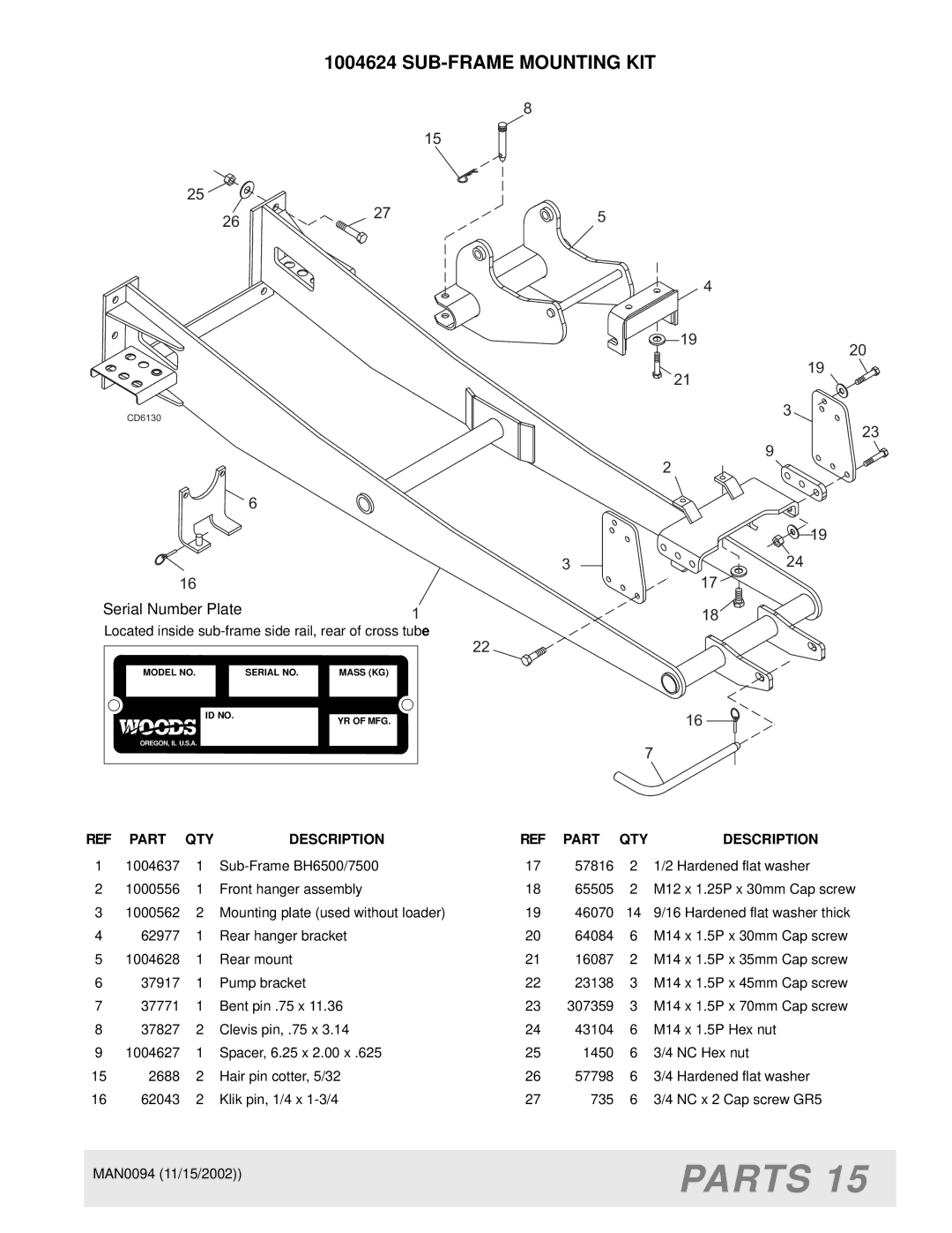 Woods Equipment 1009, 1016, MX5000, 2WD, MAN0094, LB702, 1012, 1004624, FWA, LA852-1 manual Parts 