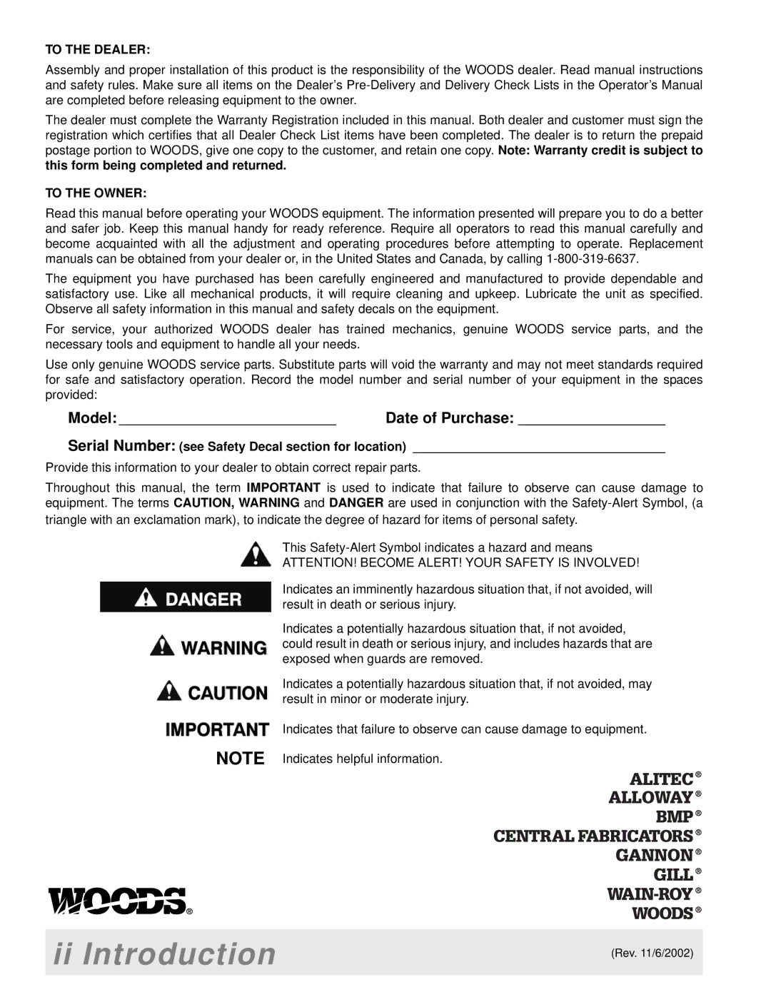 Woods Equipment 2WD, 1016, MX5000, MAN0094, LB702, 1012, 1004624, 1009, FWA, LA852-1 manual Ii Introduction, To the Dealer 