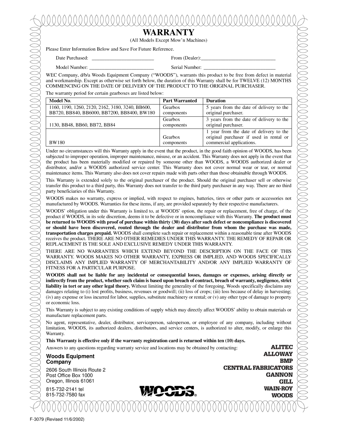 Woods Equipment MX5000, 1016, 2WD, MAN0094, LB702, 1012, 1004624, 1009, FWA, LA852-1 manual Model No Part Warranted Duration 