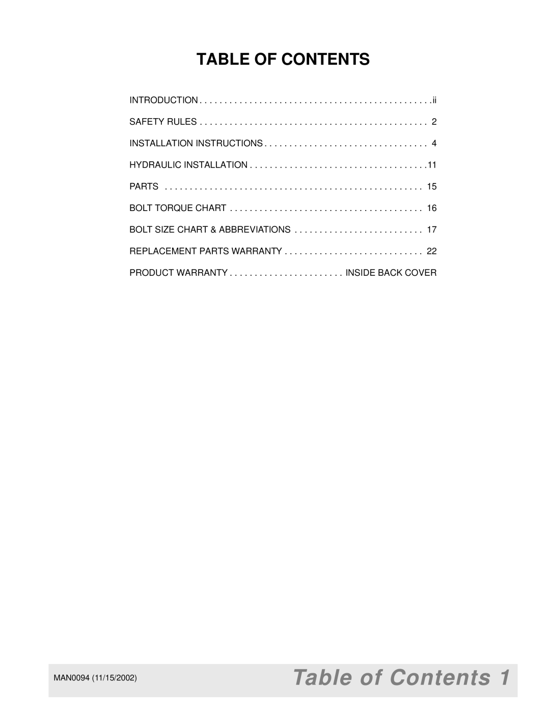 Woods Equipment MAN0094, 1016, MX5000, 2WD, LB702, 1012, 1004624, 1009, FWA, LA852-1 manual Table of Contents 