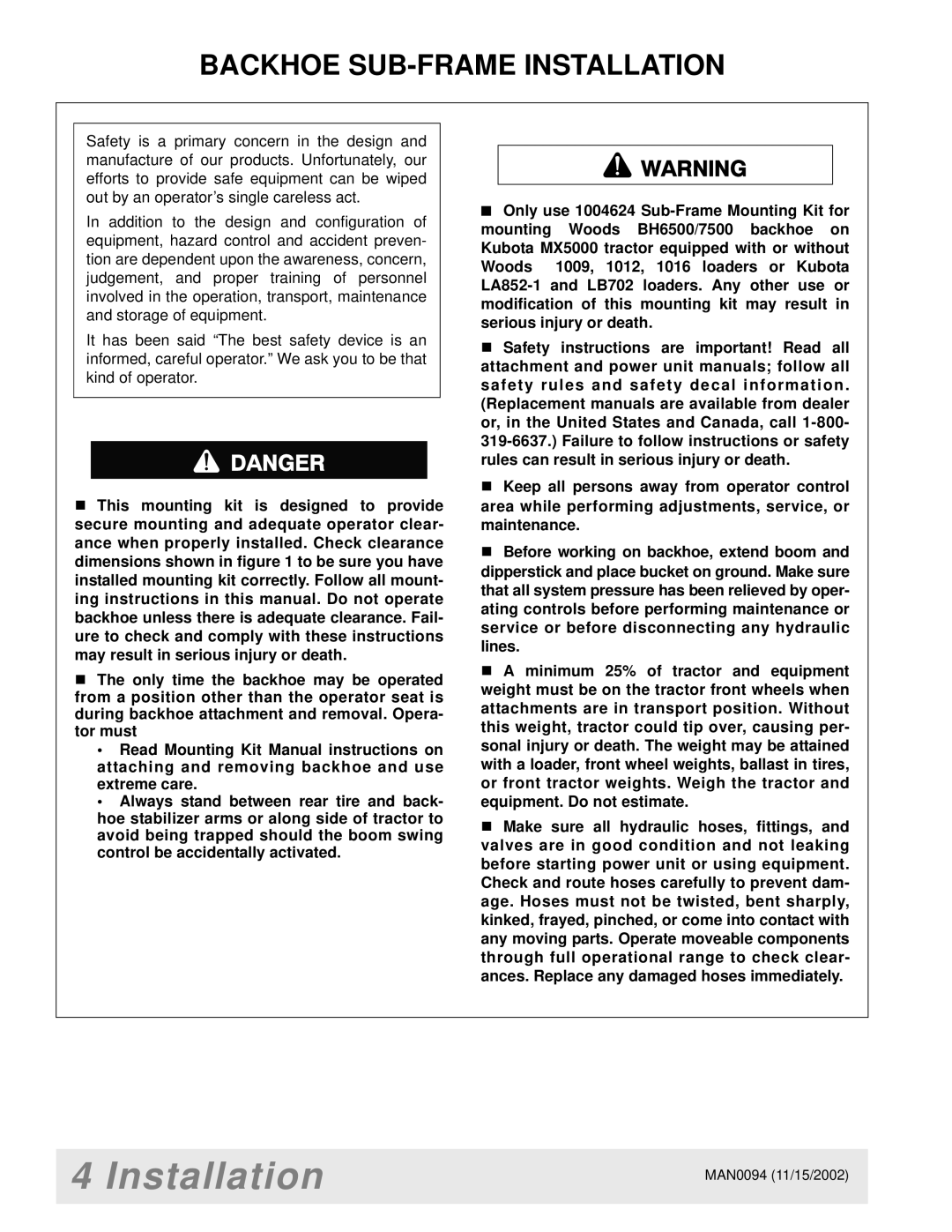 Woods Equipment 1004624, 1016, MX5000, 2WD, MAN0094, LB702, 1012, 1009, FWA, LA852-1 manual Backhoe SUB-FRAME Installation 