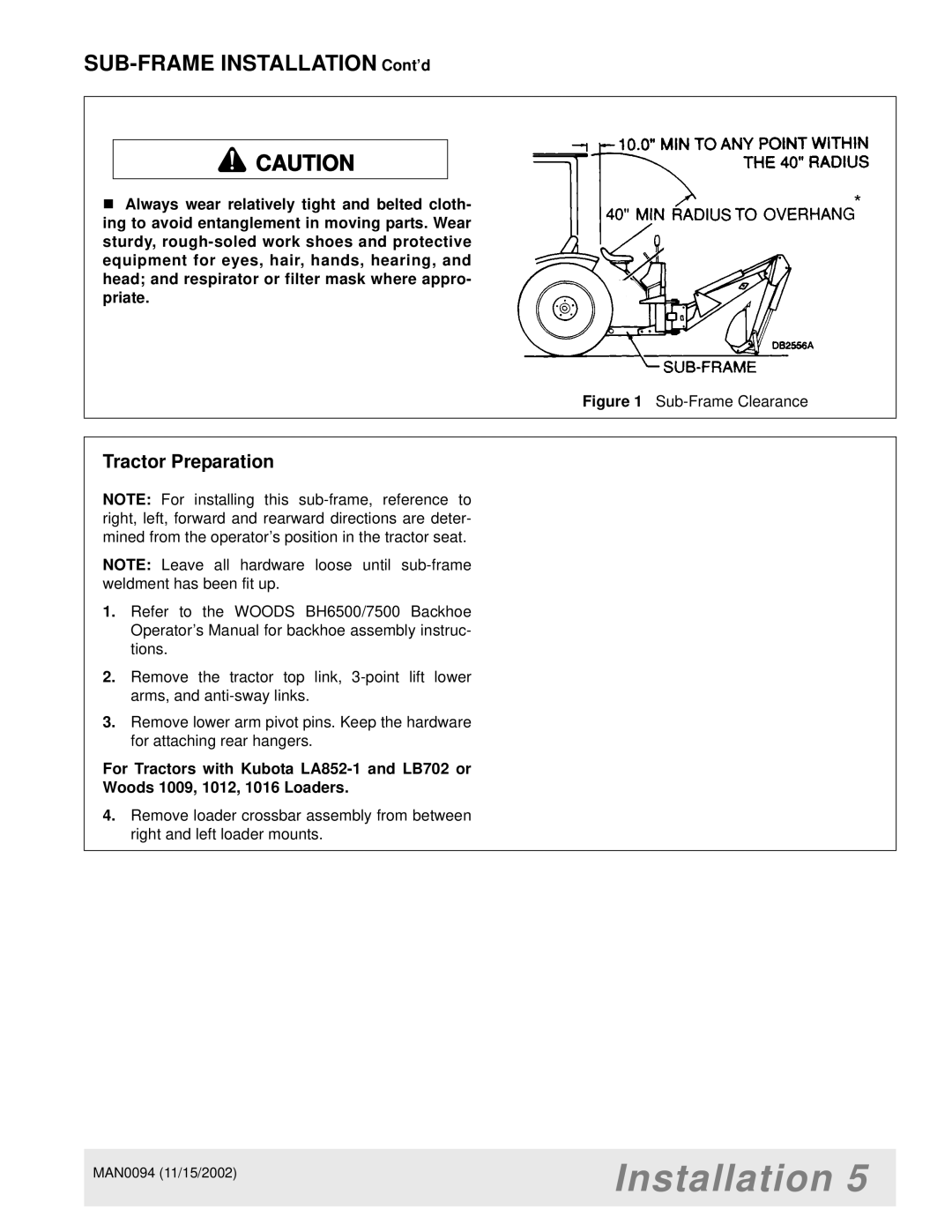 Woods Equipment 1009, 1016, MX5000, 2WD, MAN0094, LB702, 1012, 1004624, FWA SUB-FRAME Installation Cont’d, Tractor Preparation 