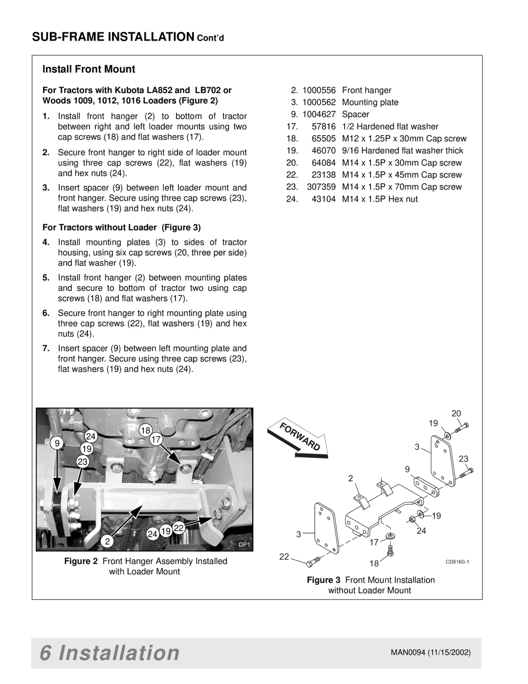 Woods Equipment FWA, MX5000, 2WD, MAN0094, LB702, 1004624, LA852-1 Install Front Mount, Woods 1009, 1012, 1016 Loaders Figure 