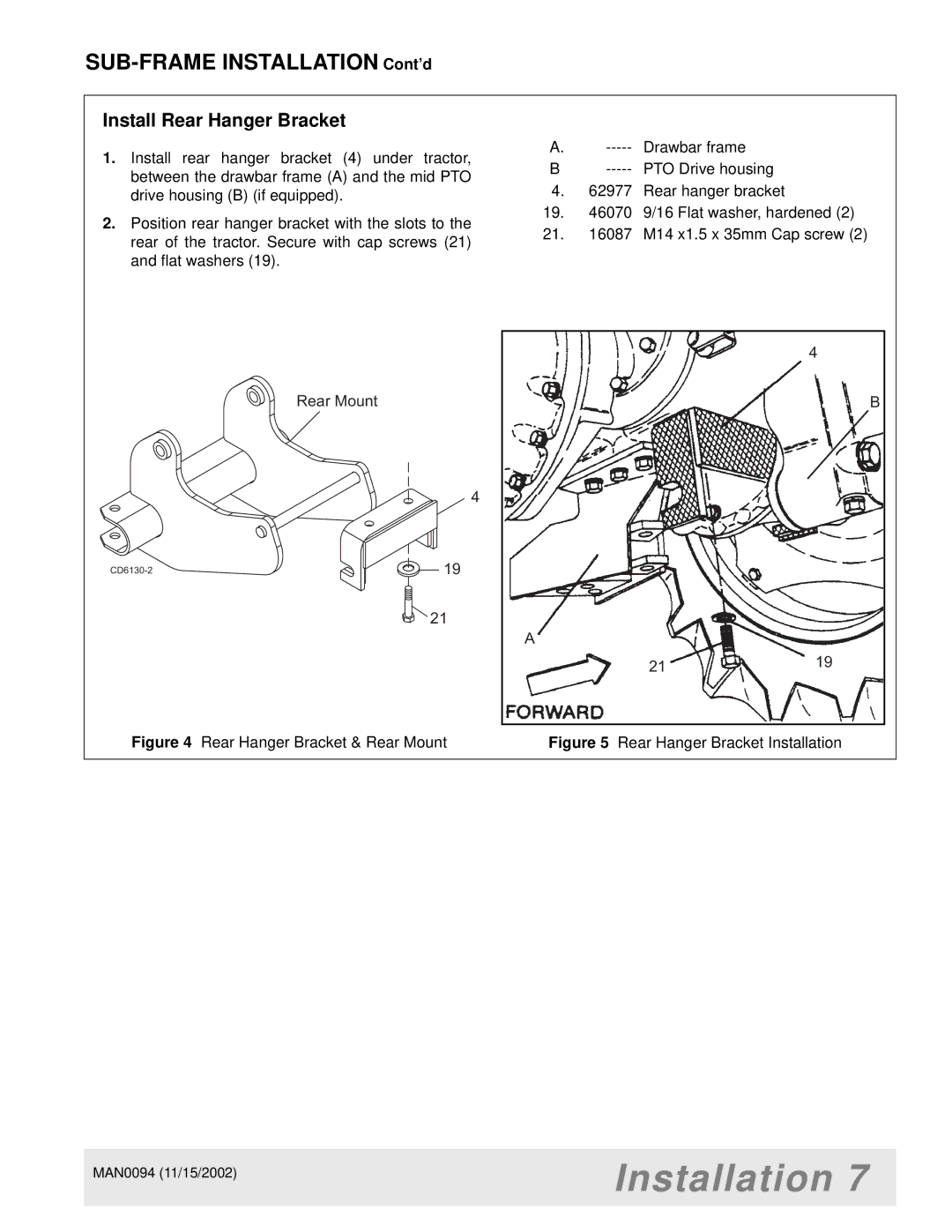 Woods Equipment LA852-1, 1016, MX5000, 2WD, MAN0094, LB702, 1012 Install Rear Hanger Bracket, Rear Hanger Bracket & Rear Mount 