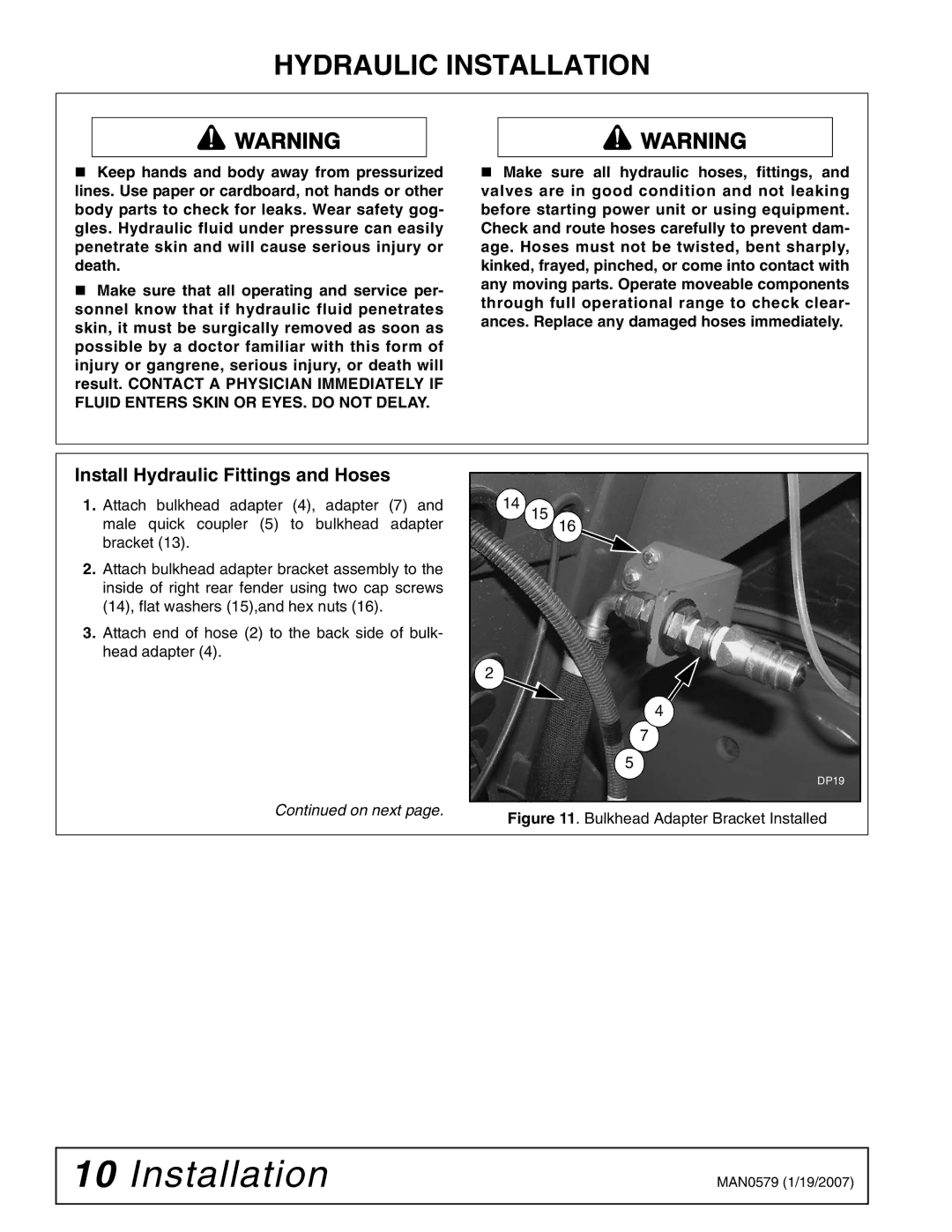 Woods Equipment 1023000 installation manual Install Hydraulic Fittings and Hoses, Bulkhead Adapter Bracket Installed 