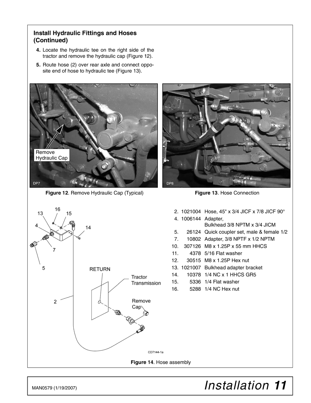 Woods Equipment 1023000 installation manual Remove Hydraulic Cap Typical 