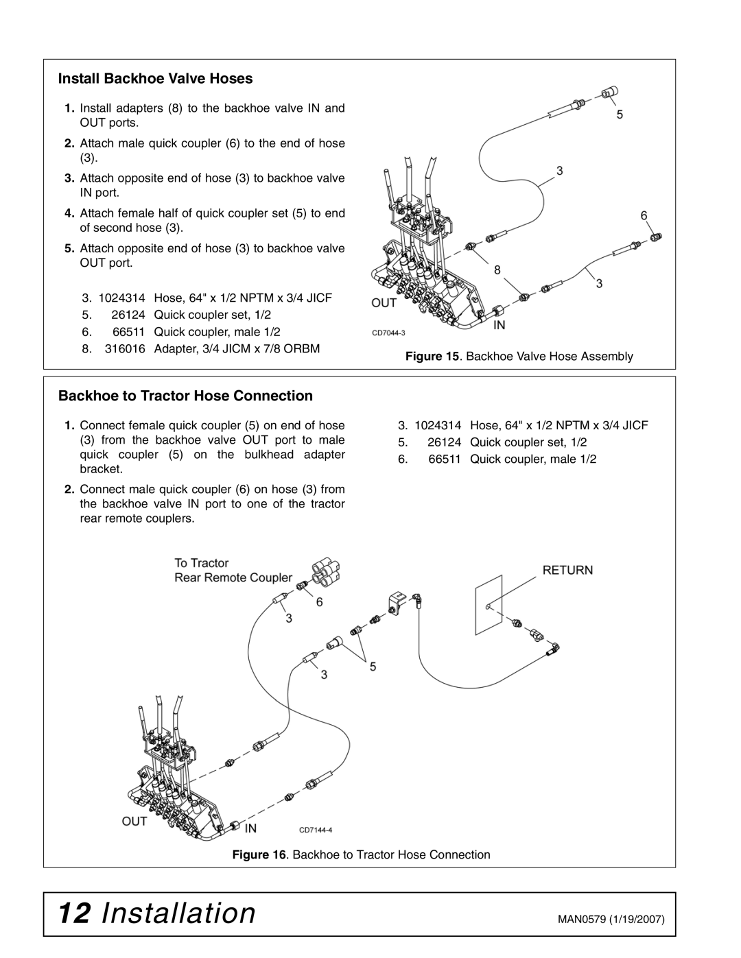 Woods Equipment 1023000 installation manual Install Backhoe Valve Hoses, Backhoe to Tractor Hose Connection 