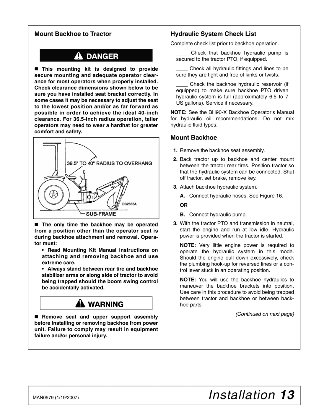 Woods Equipment 1023000 installation manual Mount Backhoe to Tractor, Hydraulic System Check List 