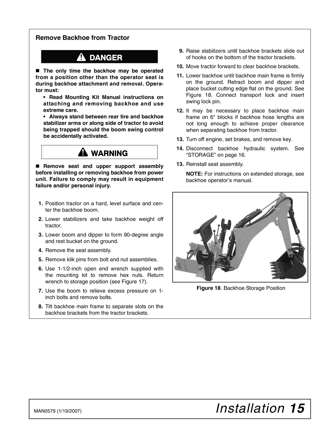 Woods Equipment 1023000 installation manual Remove Backhoe from Tractor, Backhoe Storage Position 