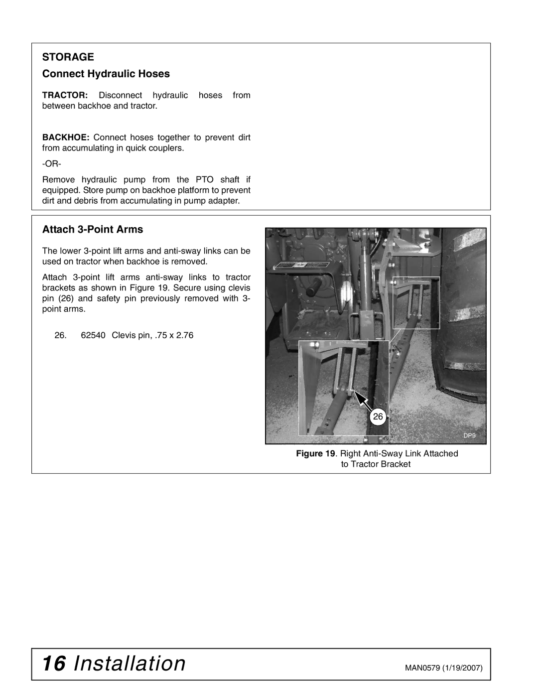 Woods Equipment 1023000 installation manual Connect Hydraulic Hoses, Attach 3-Point Arms 