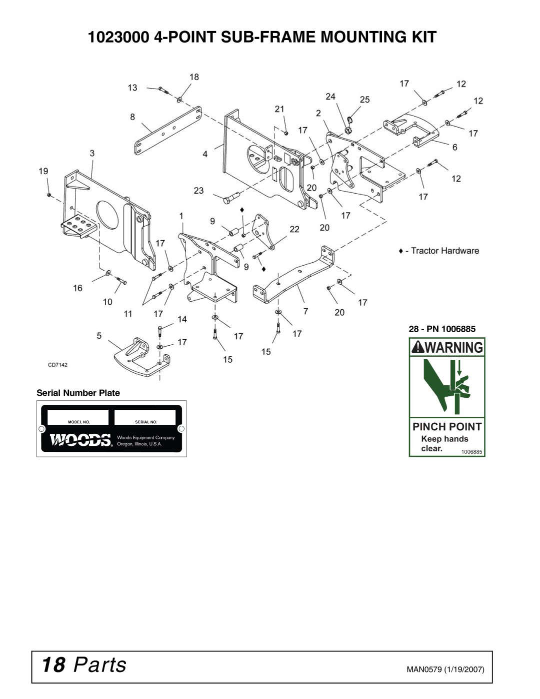 Woods Equipment installation manual Parts, 1023000 4-POINT SUB-FRAME Mounting KIT 