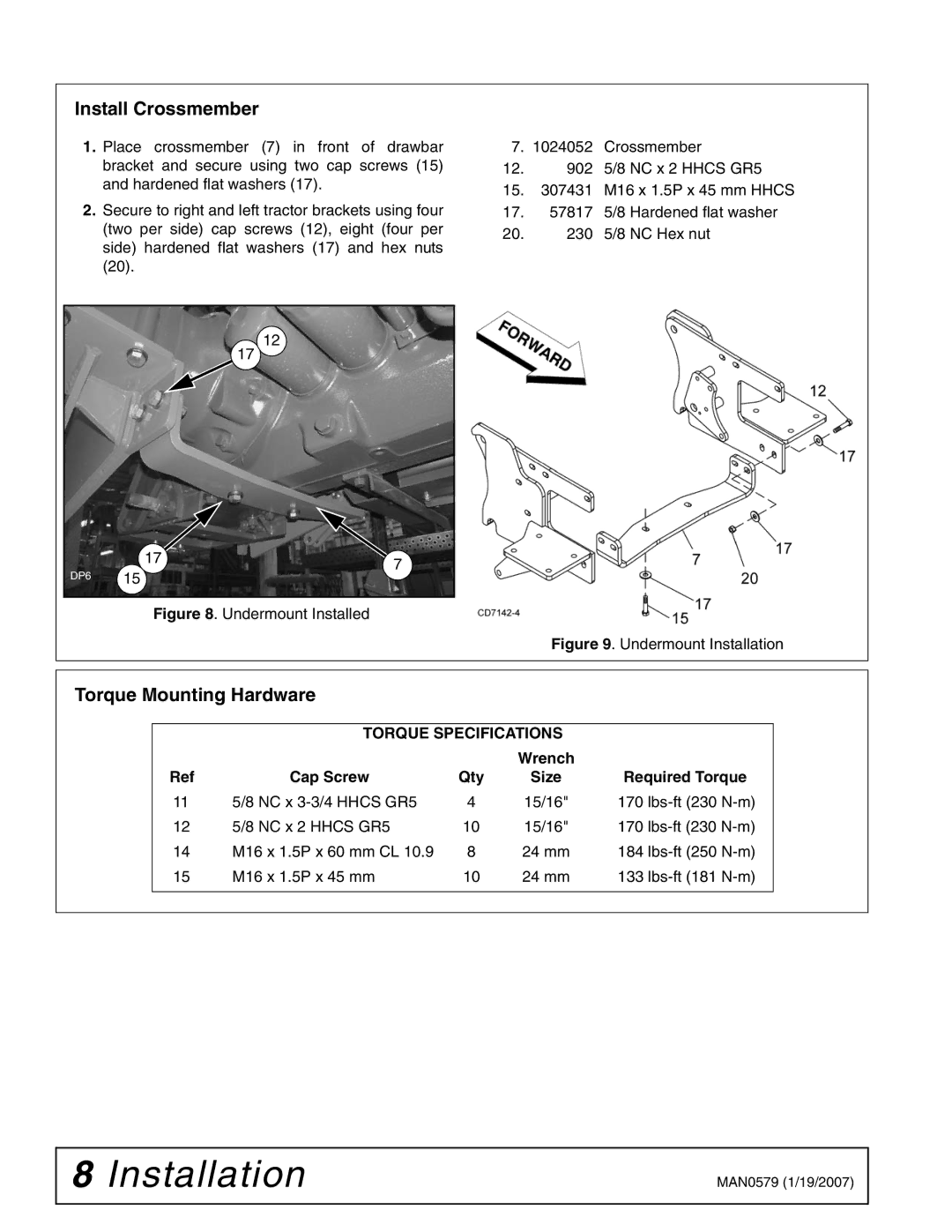 Woods Equipment 1023000 installation manual Install Crossmember, Torque Mounting Hardware 