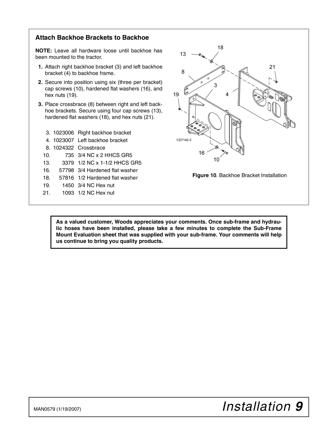 Woods Equipment 1023000 installation manual Attach Backhoe Brackets to Backhoe, Backhoe Bracket Installation 