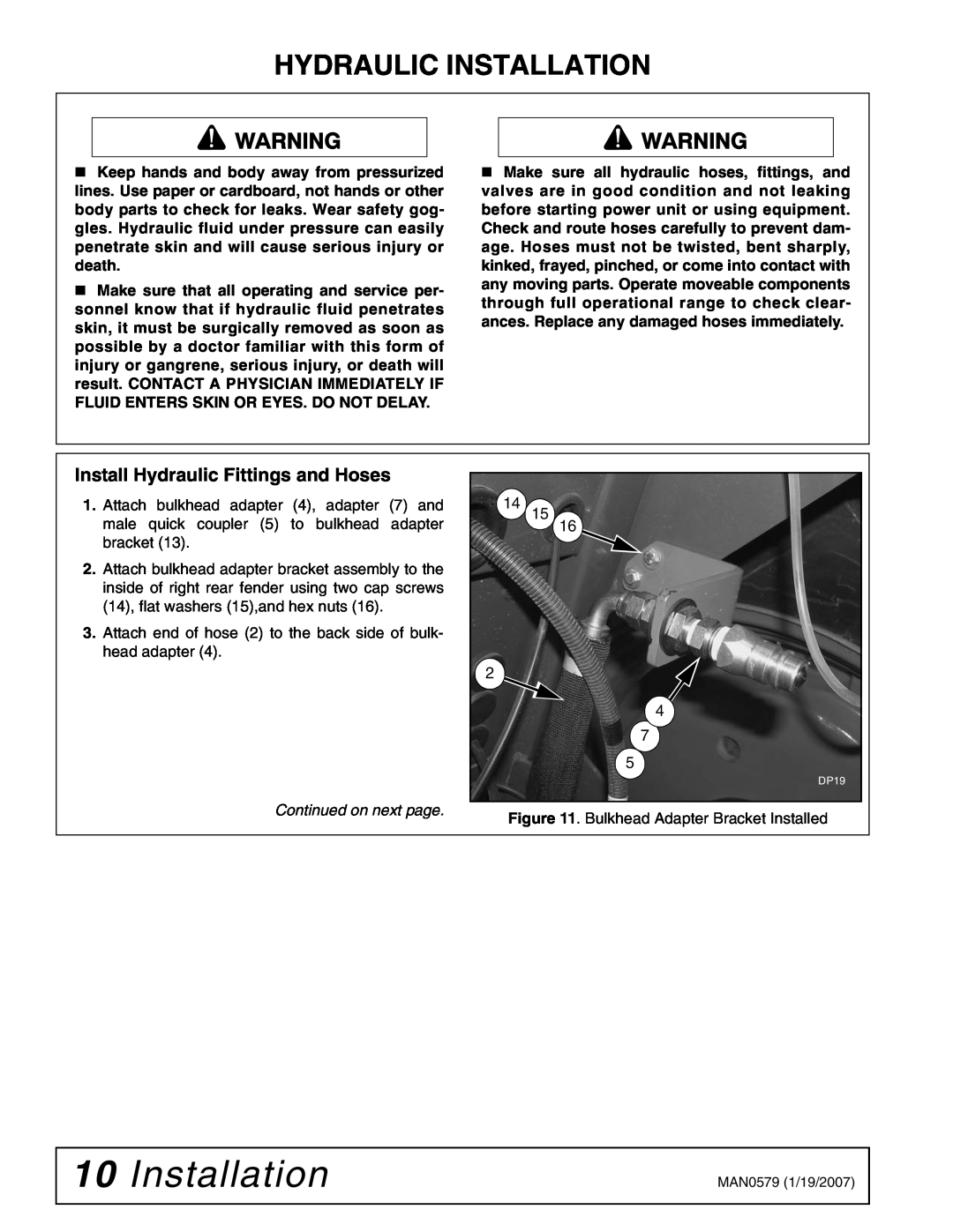 Woods Equipment 1023000 installation manual Installation, Install Hydraulic Fittings and Hoses, Continued on next page 