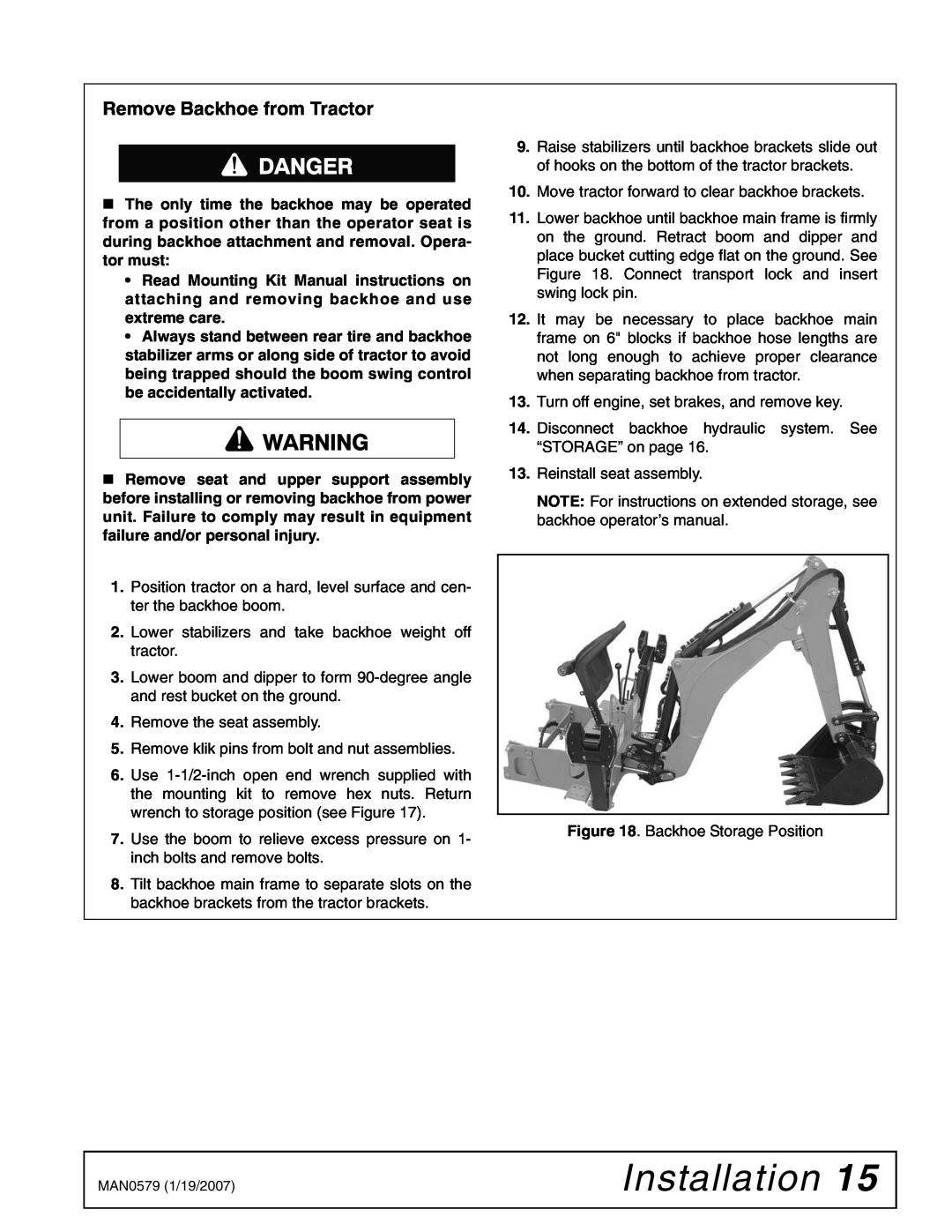 Woods Equipment 1023000 installation manual Remove Backhoe from Tractor, Installation 