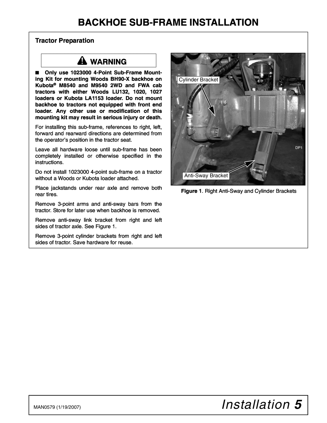 Woods Equipment 1023000 installation manual Installation, Tractor Preparation 