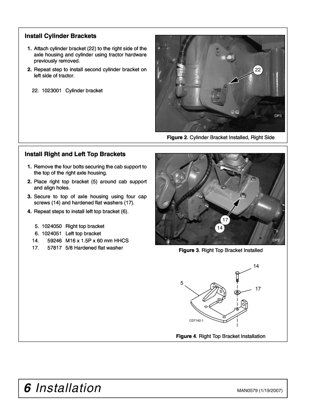 Woods Equipment 1023000 installation manual Installation, Install Cylinder Brackets, Install Right and Left Top Brackets 