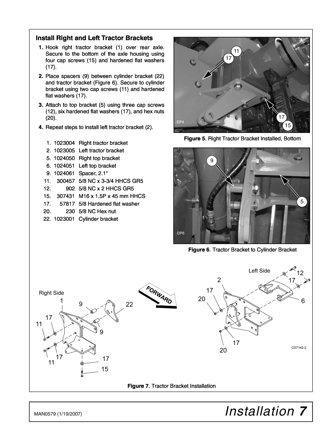 Woods Equipment 1023000 installation manual Install Right and Left Tractor Brackets, Installation 