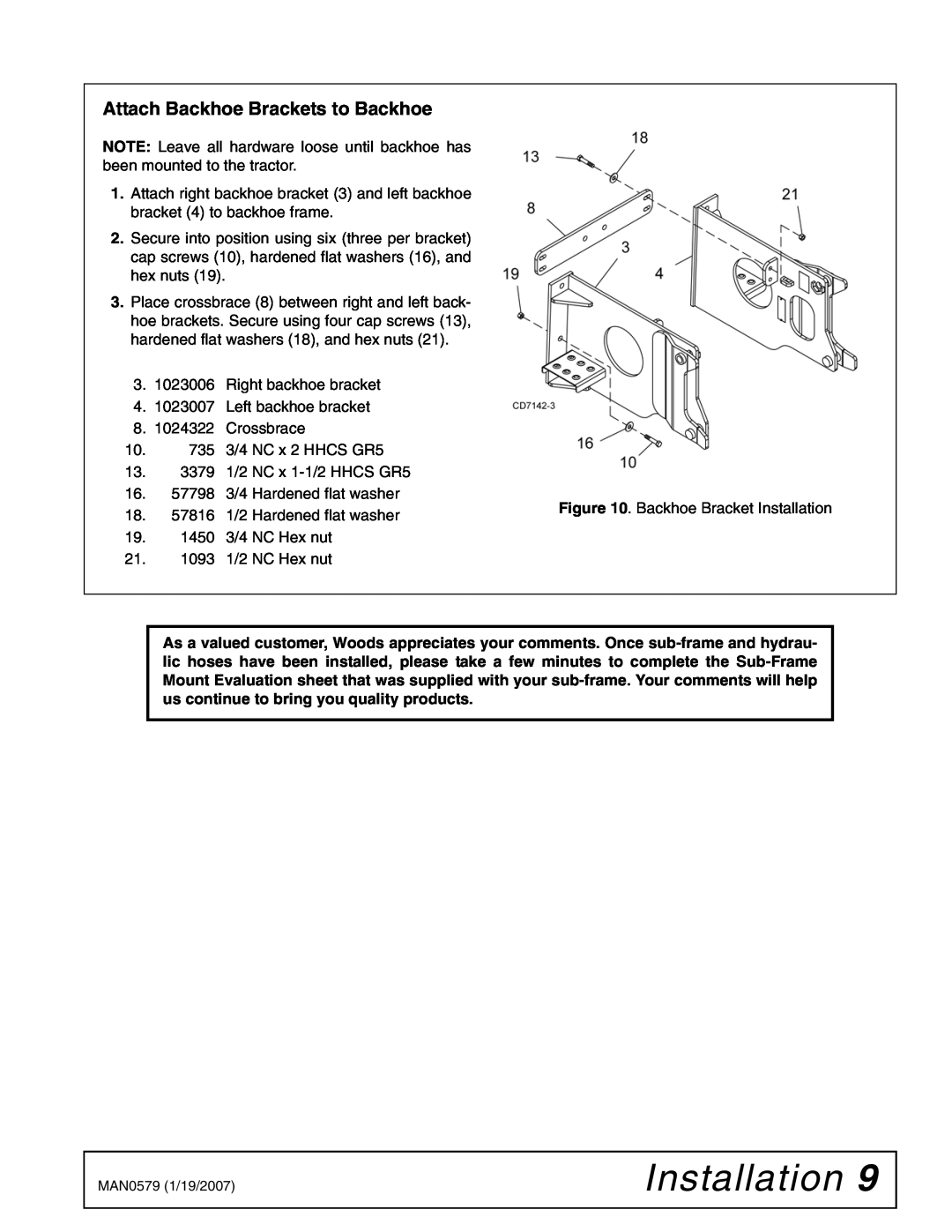 Woods Equipment 1023000 installation manual Attach Backhoe Brackets to Backhoe, Installation 