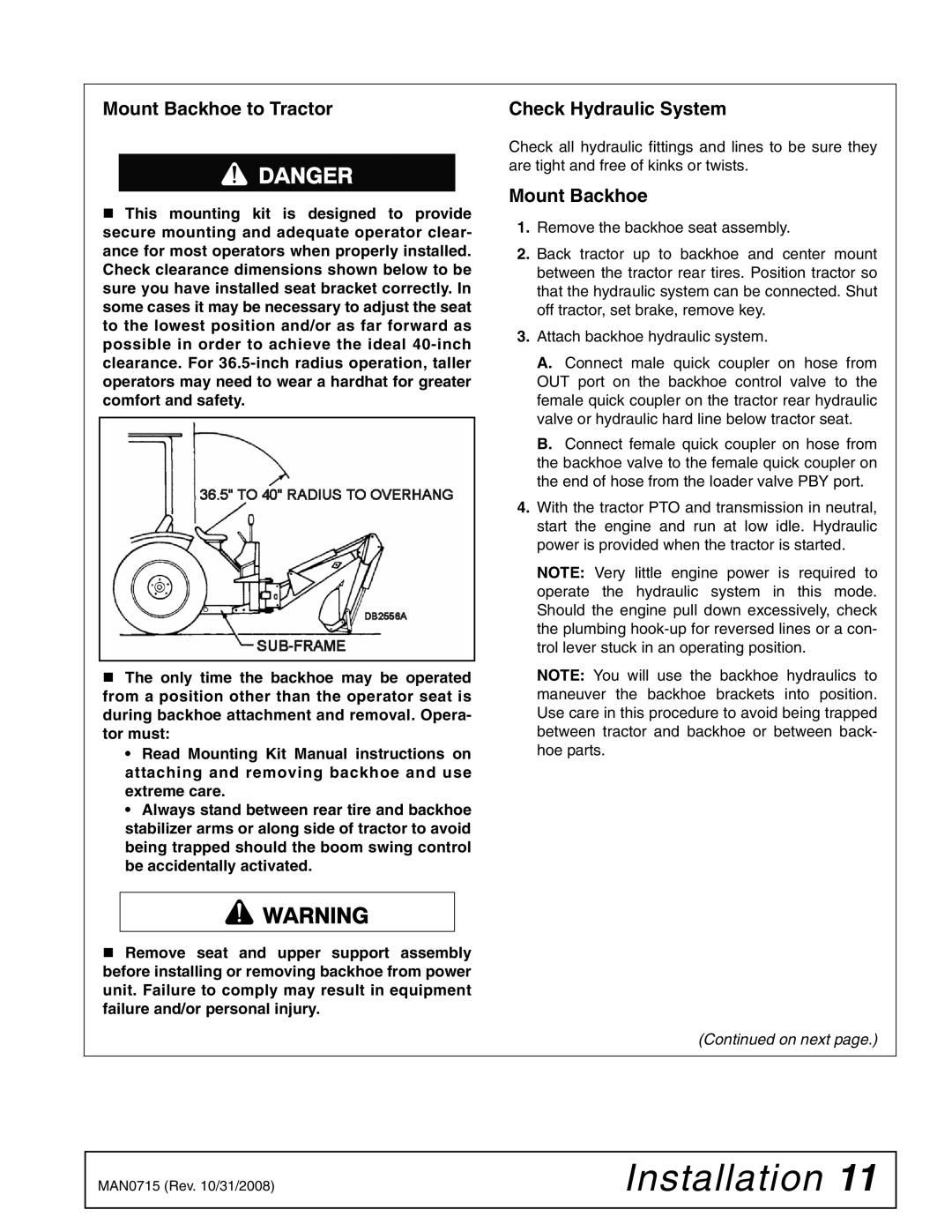 Woods Equipment 1028310 installation manual Mount Backhoe to Tractor Check Hydraulic System 