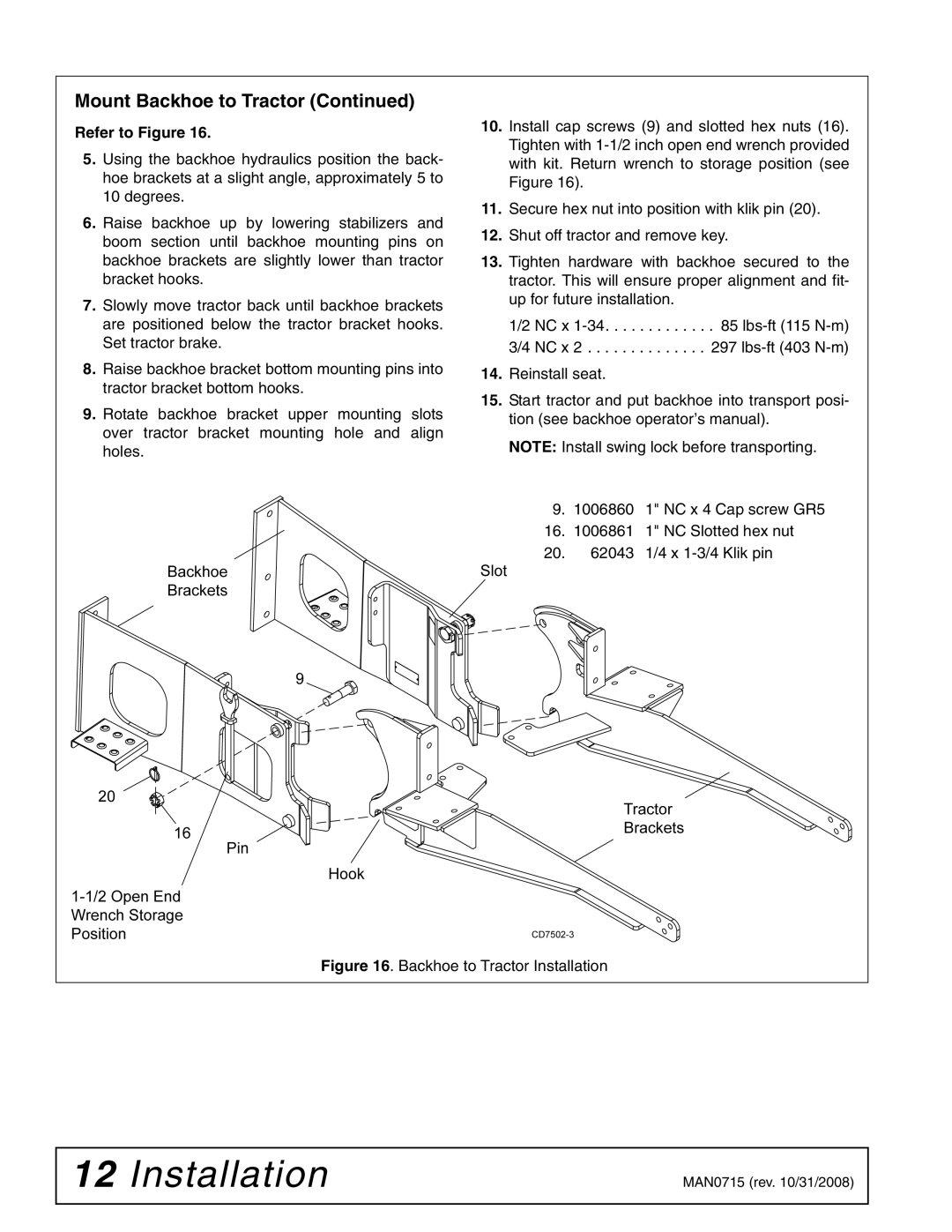 Woods Equipment 1028310 installation manual Mount Backhoe to Tractor, Refer to Figure 