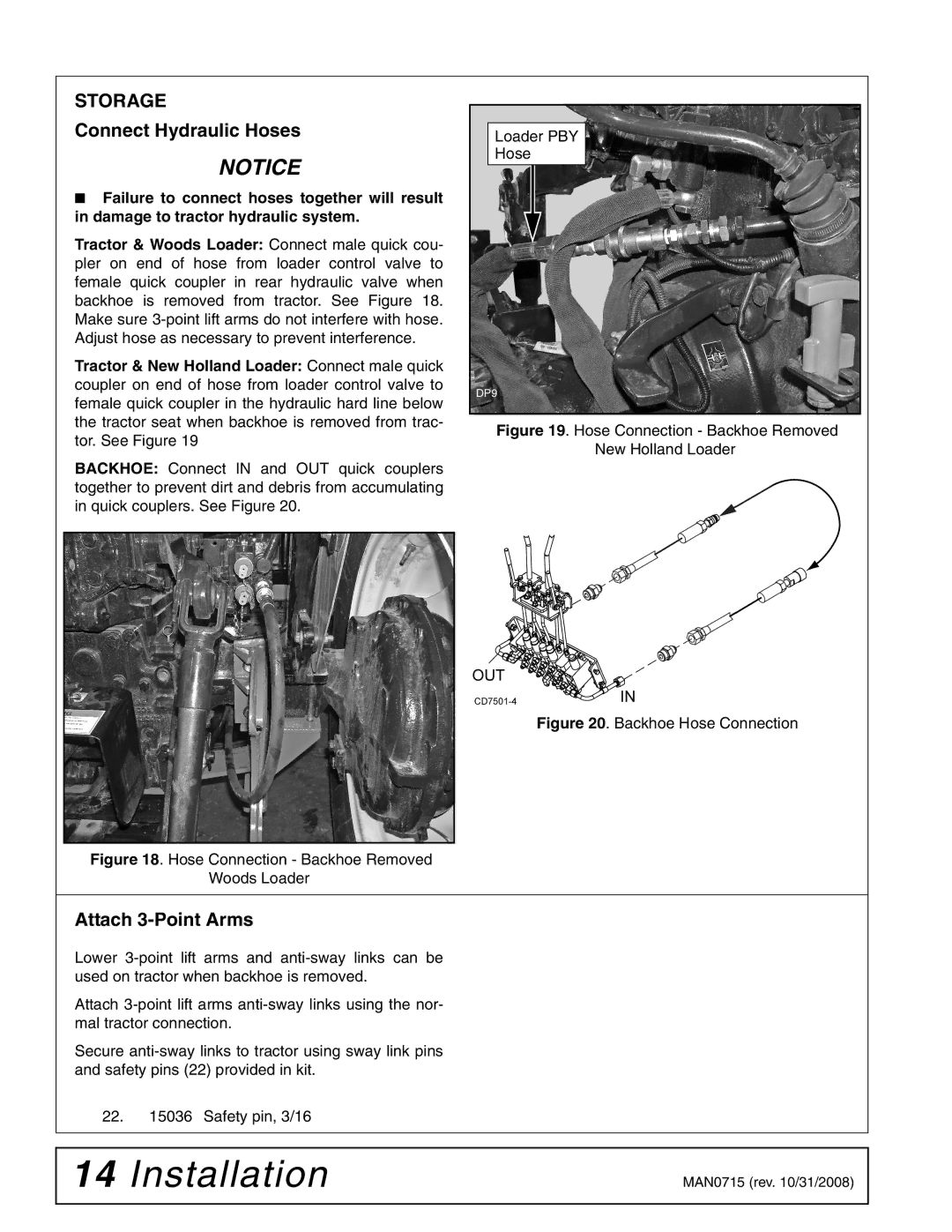 Woods Equipment 1028310 installation manual Connect Hydraulic Hoses, Attach 3-Point Arms 