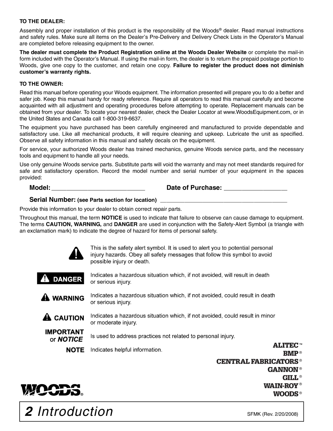 Woods Equipment 1028310 installation manual Introduction, To the Dealer 