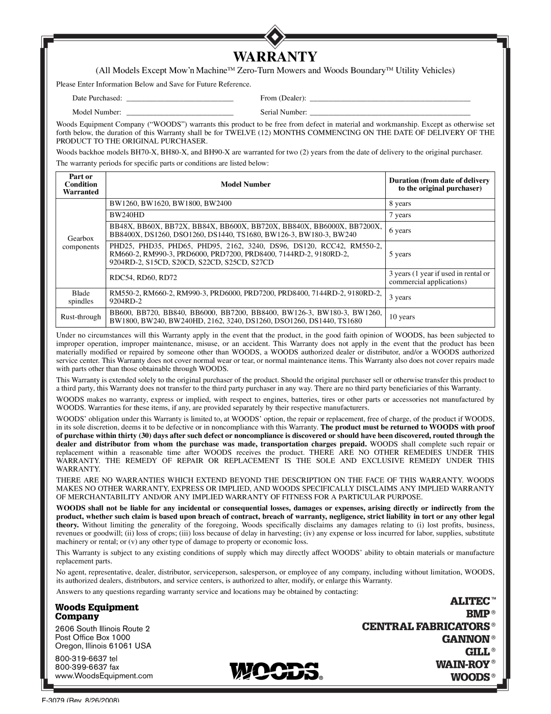 Woods Equipment 1028310 installation manual Warranty 