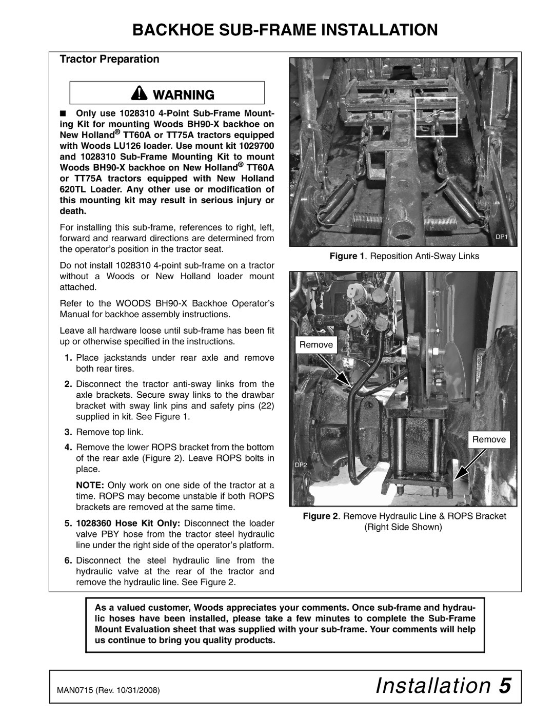 Woods Equipment 1028310 installation manual Backhoe SUB-FRAME Installation, Tractor Preparation 