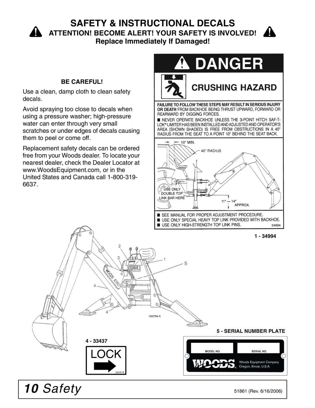 Woods Equipment 1050 manual Safety & Instructional Decals, Be Careful 