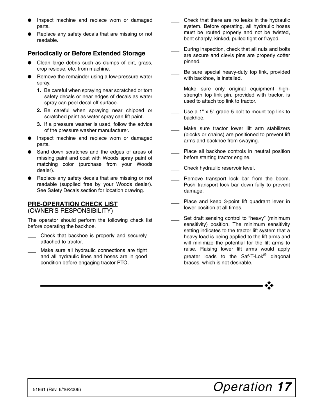 Woods Equipment 1050 manual Periodically or Before Extended Storage, PRE-OPERATION Check List 