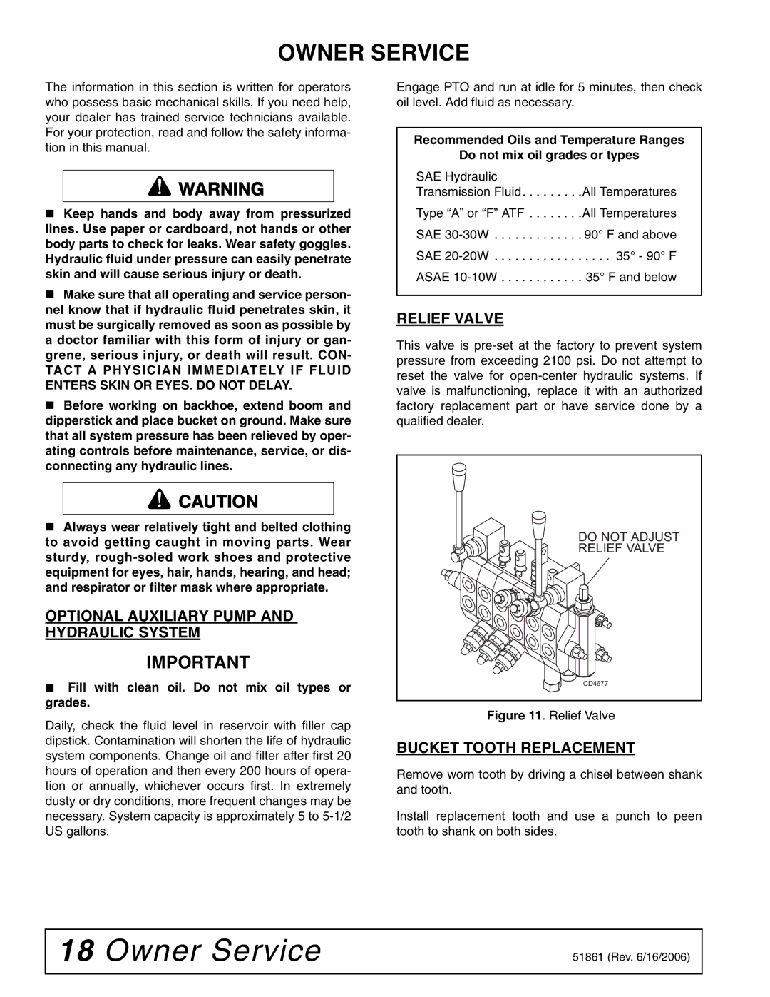 Woods Equipment 1050 Owner Service, Optional Auxiliary Pump and Hydraulic System, Relief Valve, Bucket Tooth Replacement 