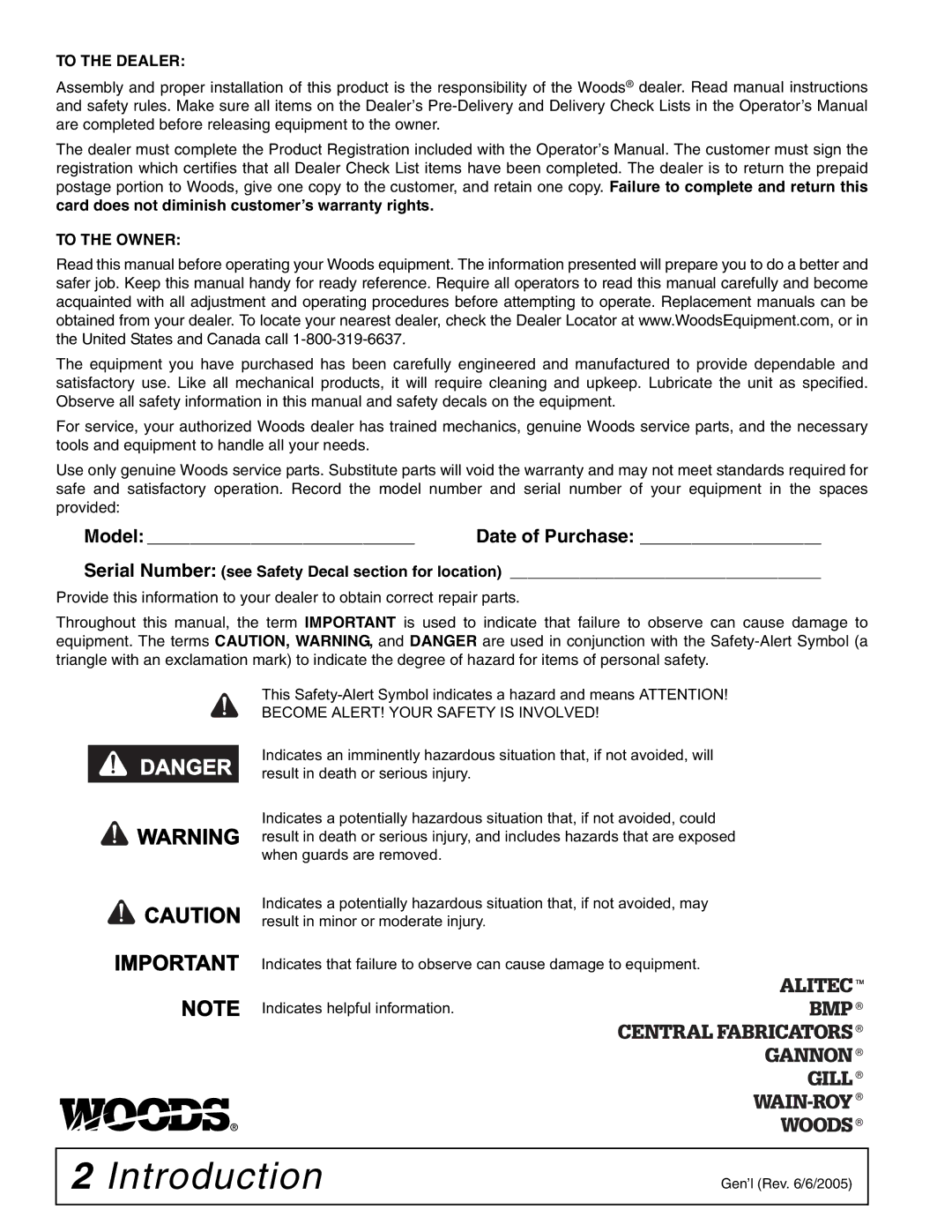 Woods Equipment 1050 manual Introduction, To the Dealer 