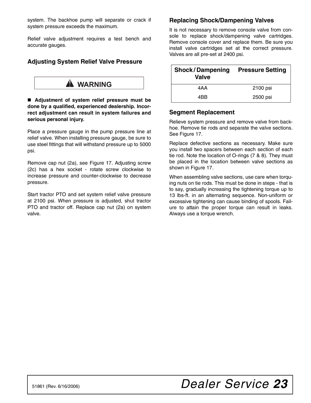 Woods Equipment 1050 manual Adjusting System Relief Valve Pressure, Replacing Shock/Dampening Valves, Segment Replacement 