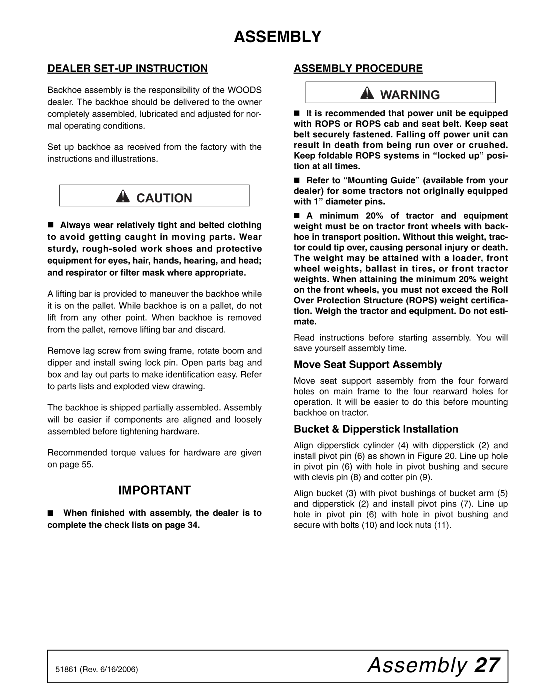 Woods Equipment 1050 manual Dealer SET-UP Instruction, Assembly Procedure 