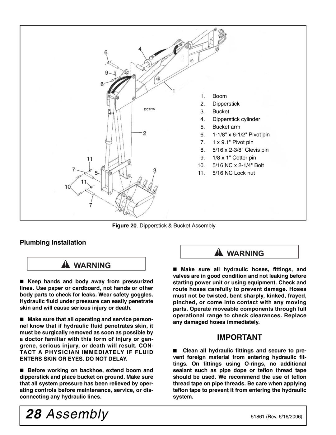 Woods Equipment 1050 manual Plumbing Installation, Dipperstick & Bucket Assembly 