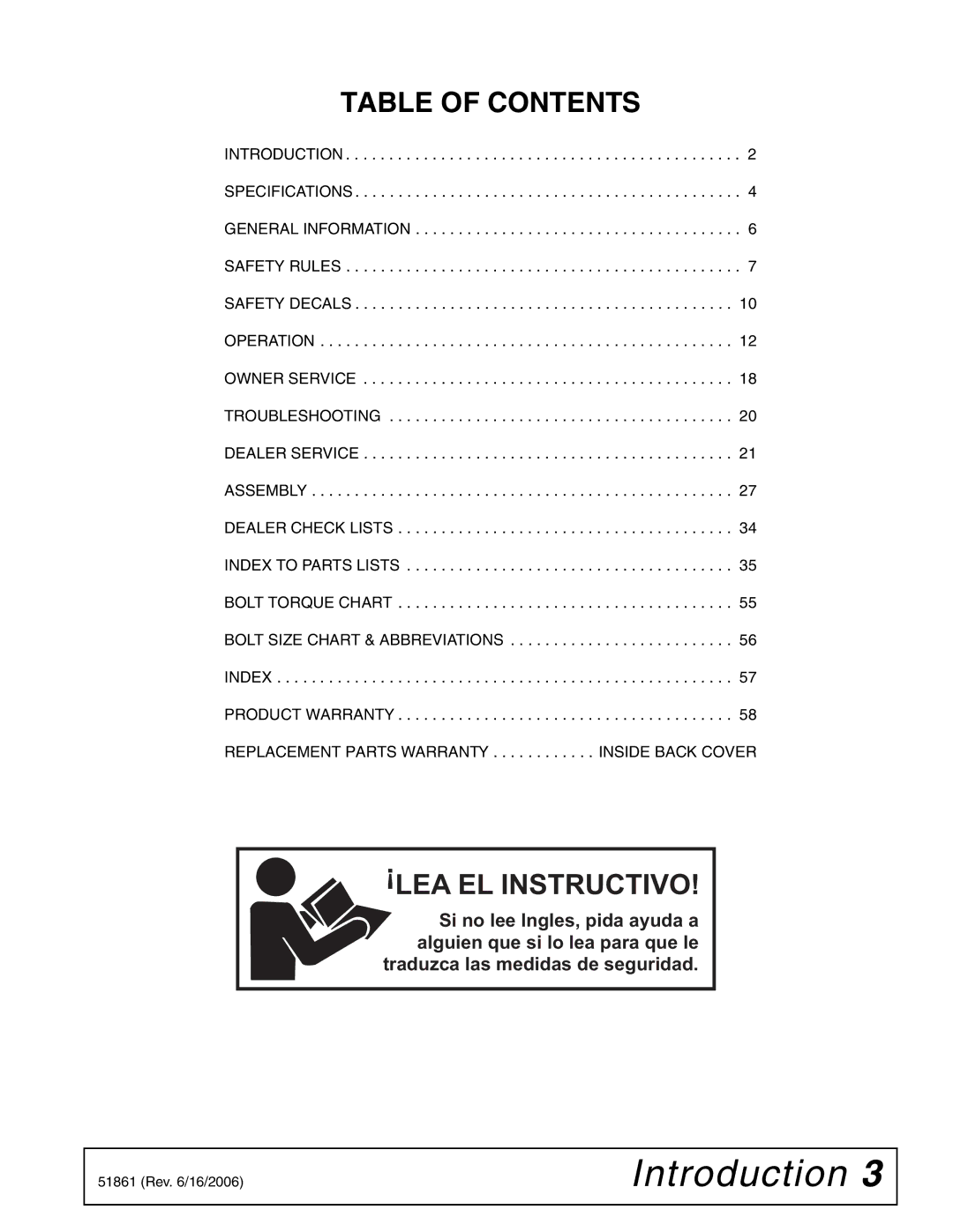 Woods Equipment 1050 manual Table of Contents, LEA EL Instructivo 