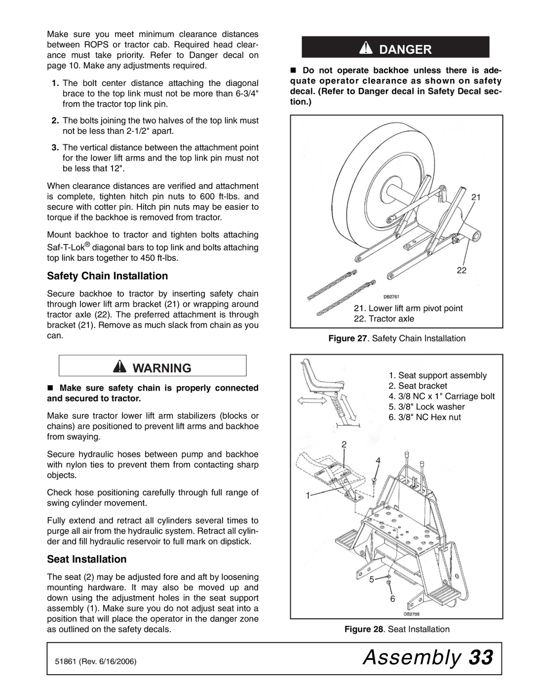 Woods Equipment 1050 manual Safety Chain Installation, Seat Installation 