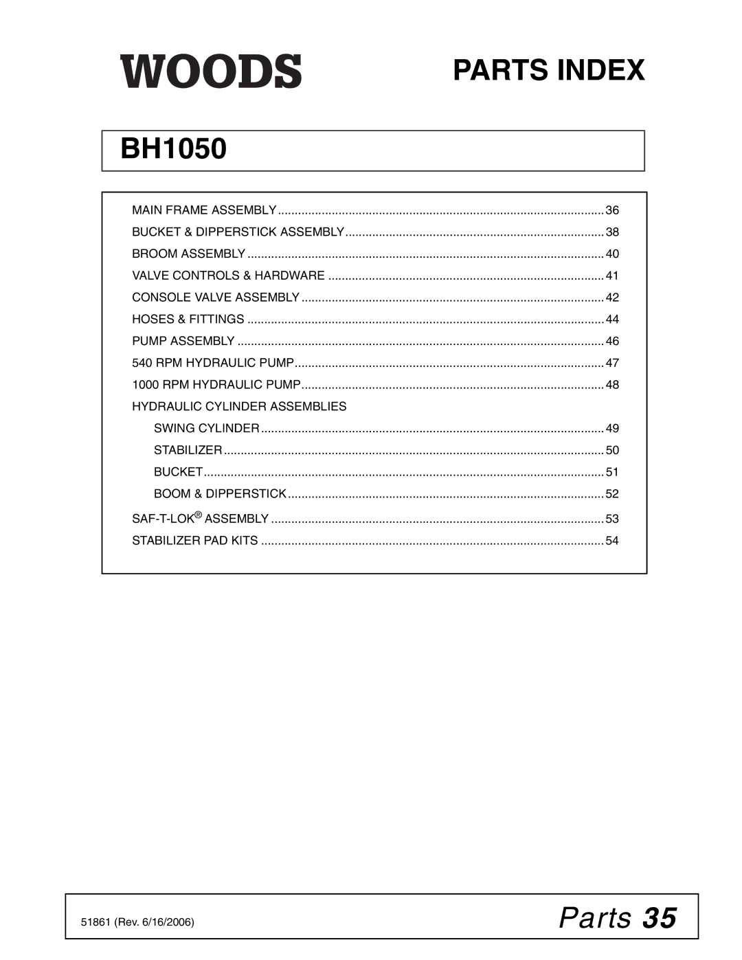 Woods Equipment 1050 manual Parts Index 