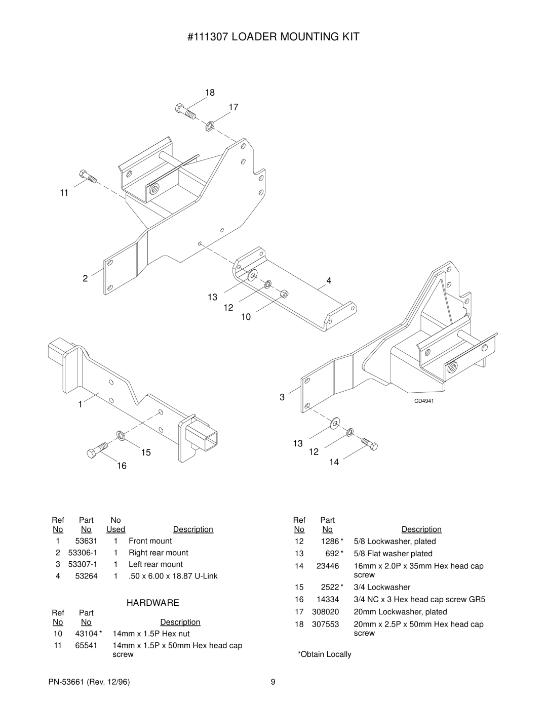 Woods Equipment 118460, 199758 installation instructions #111307 Loader Mounting KIT, Hardware 