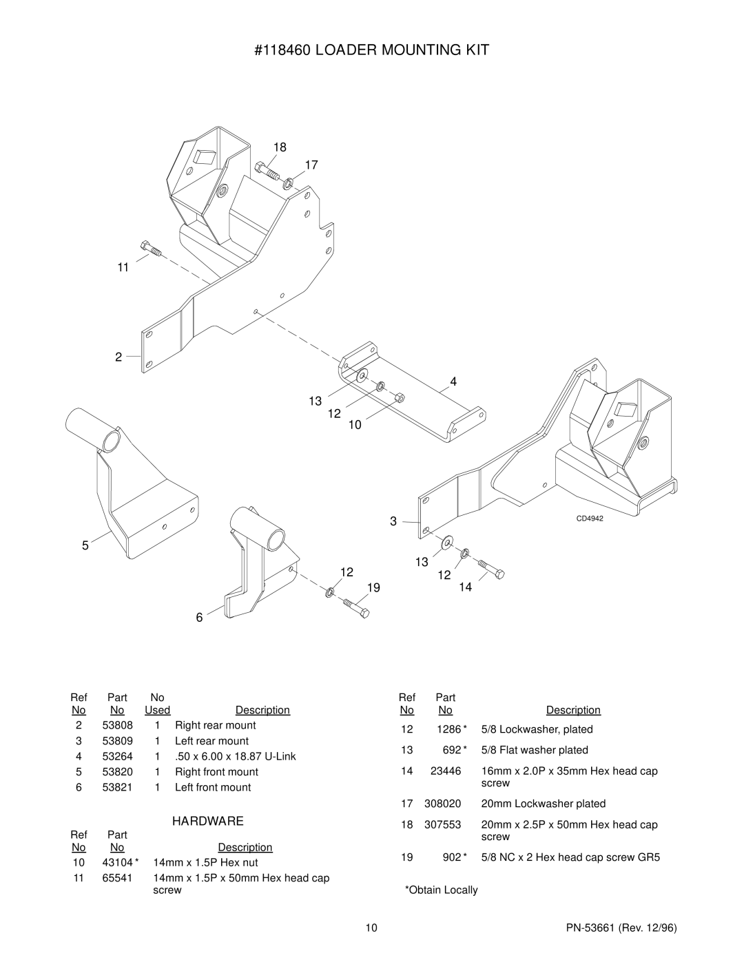 Woods Equipment 111307, 199758 installation instructions #118460 Loader Mounting KIT, 1212 