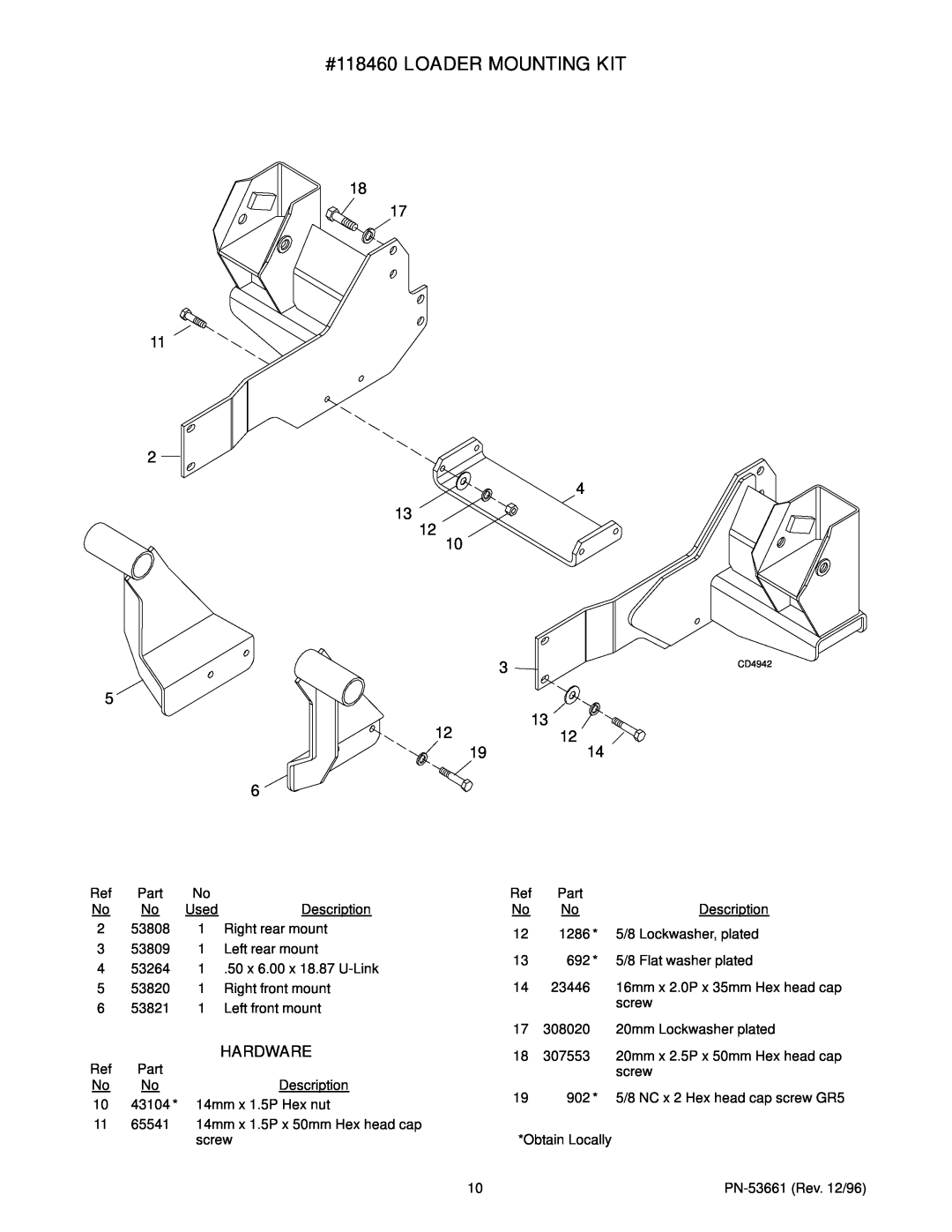 Woods Equipment 111307, 199758 installation instructions #118460 LOADER MOUNTING KIT, CD4942 