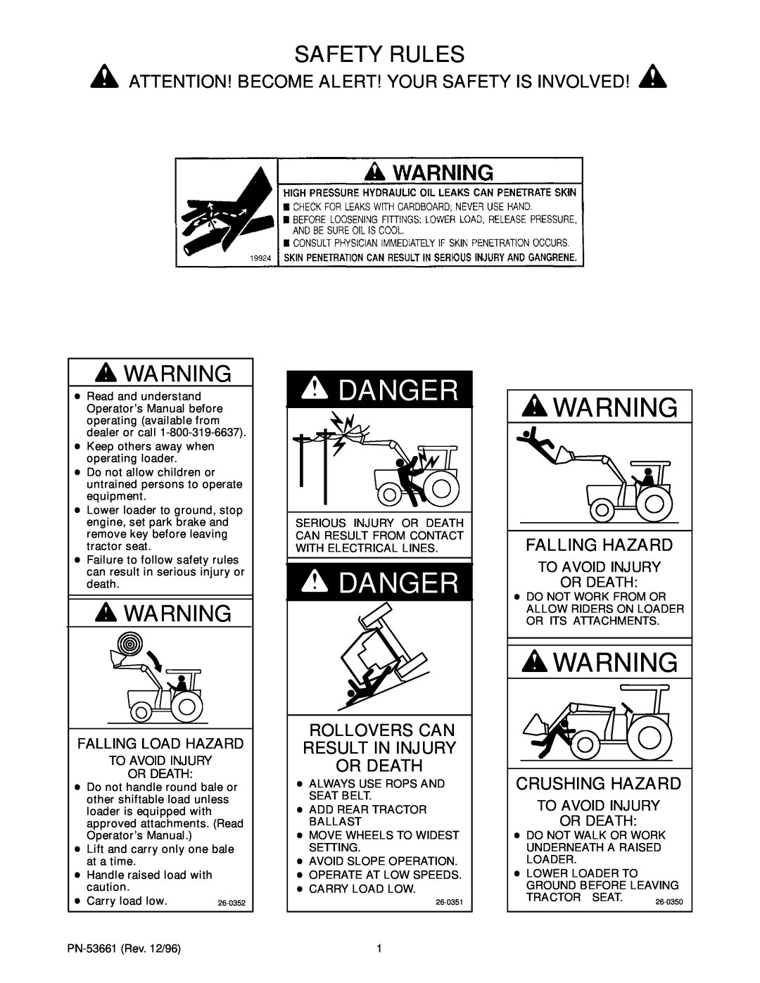 Woods Equipment 111307 Safety Rules, Attention! Become Alert! Your Safety Is Involved, Danger, Falling Hazard, Or Death 