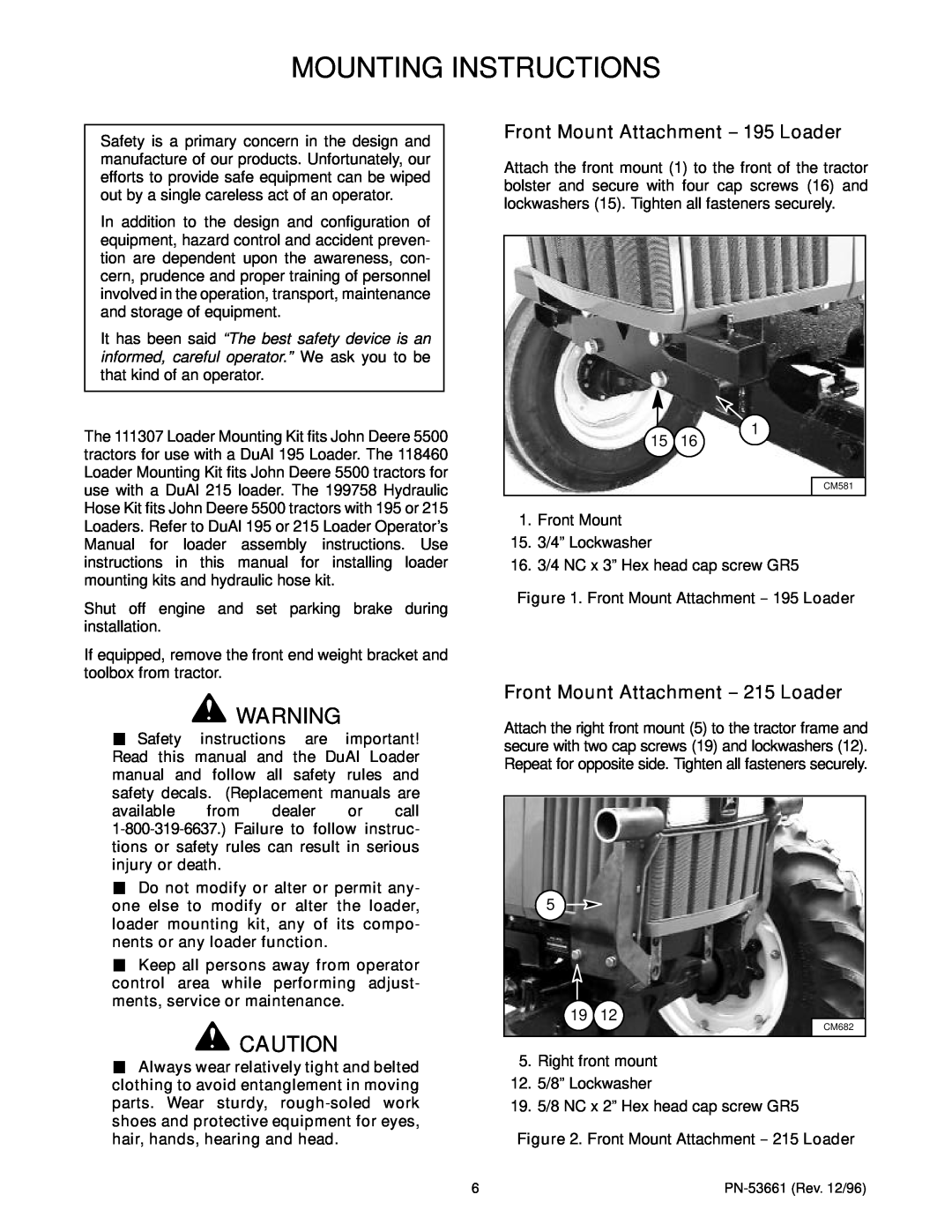 Woods Equipment 118460 Mounting Instructions, Front Mount Attachment -- 195 Loader, Front Mount Attachment -- 215 Loader 