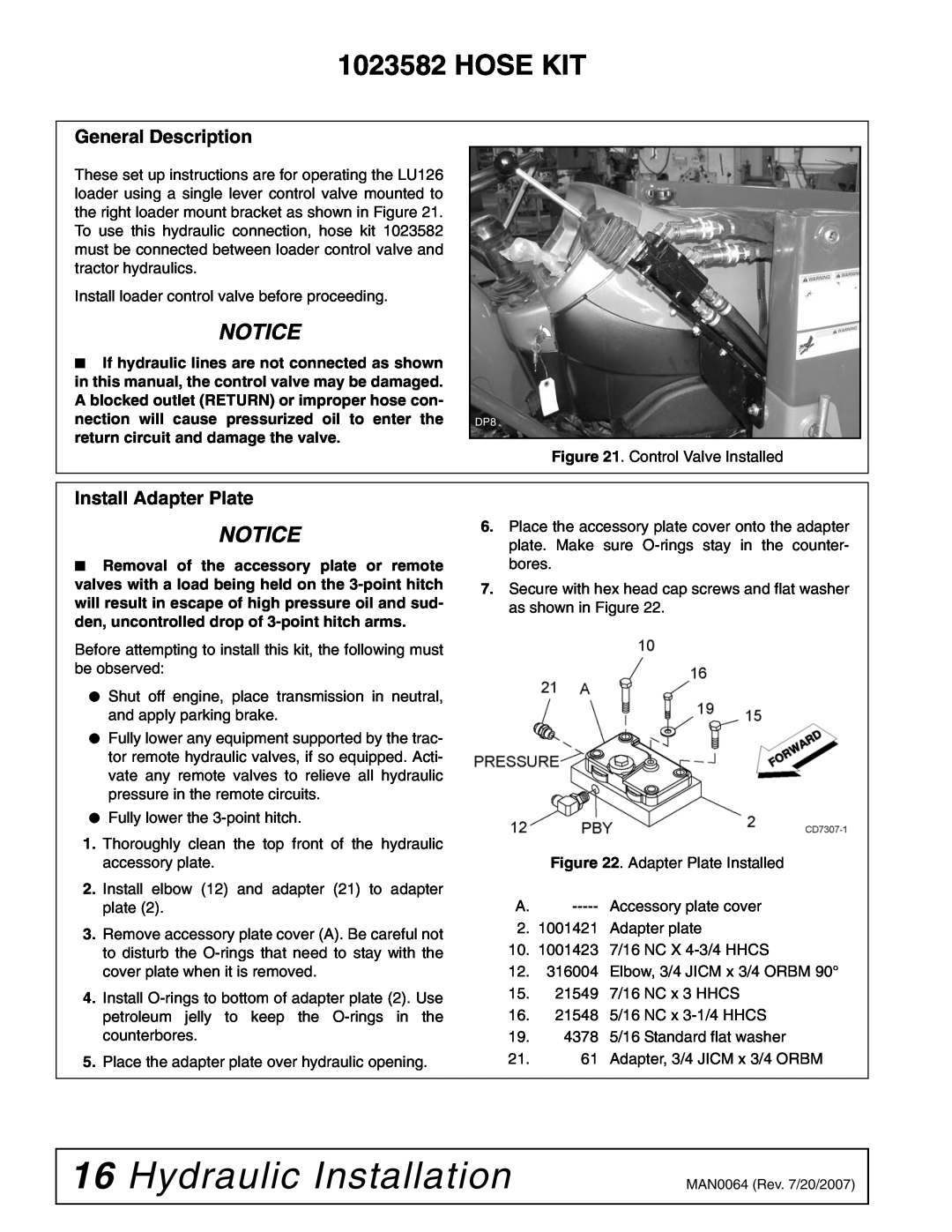Woods Equipment 111877 manual Hydraulic Installation, Hose Kit, Notice, General Description, Install Adapter Plate 