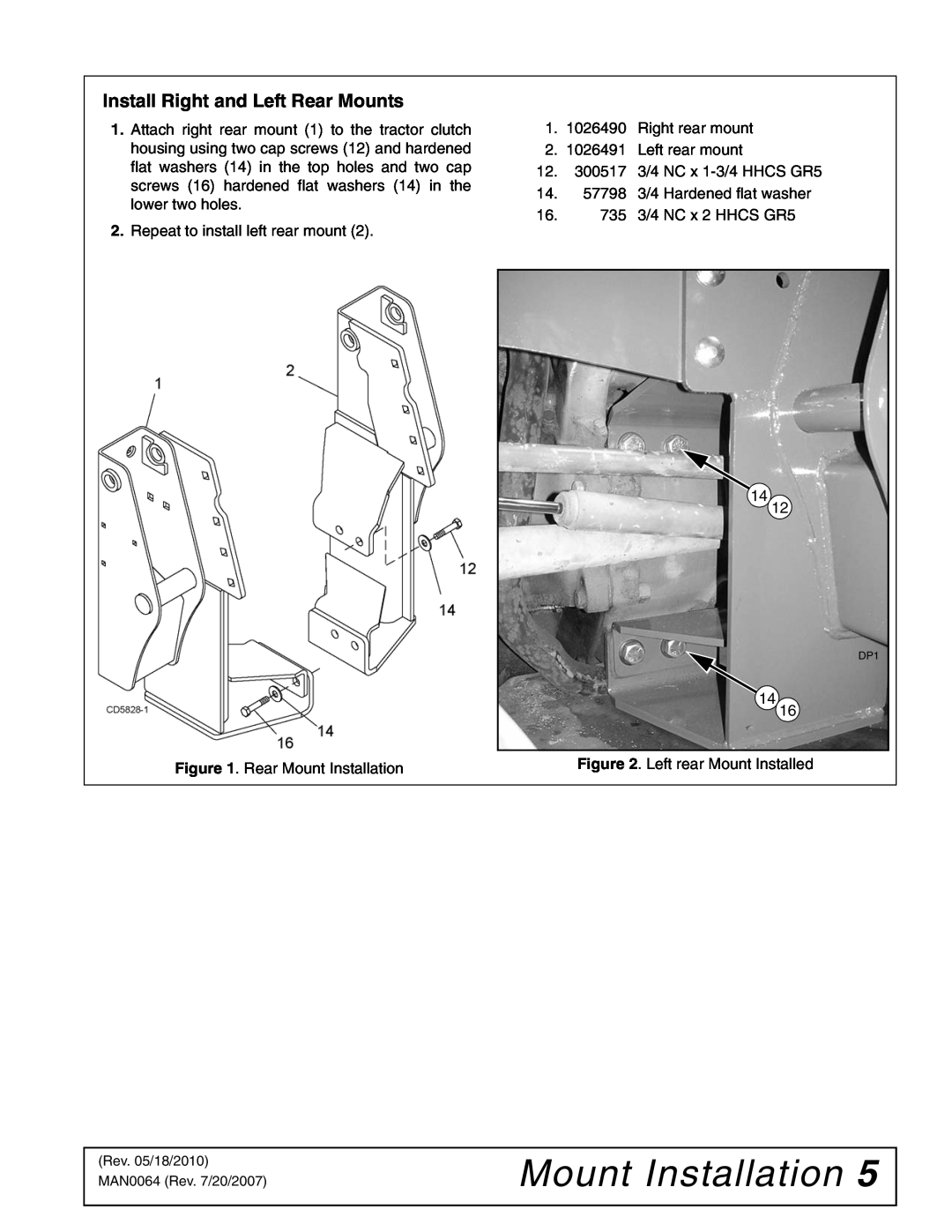 Woods Equipment 111877 manual Install Right and Left Rear Mounts, Rear Mount Installation, Left rear Mount Installed 