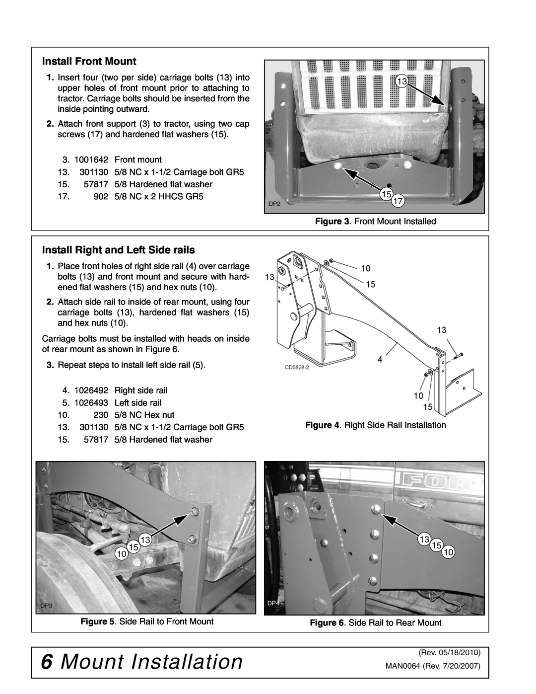 Woods Equipment 111877 manual Mount Installation, Install Front Mount, Install Right and Left Side rails 