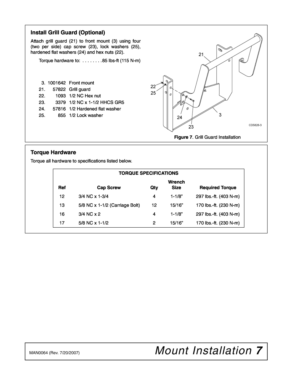 Woods Equipment 111877 Install Grill Guard Optional, Torque Hardware, Torque Specifications, Cap Screw, Mount Installation 