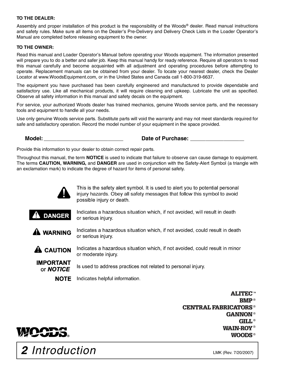 Woods Equipment 2100042 installation manual Introduction, To the Dealer 