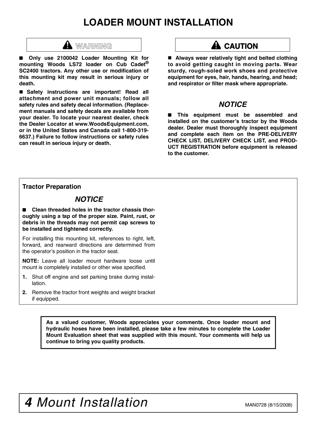 Woods Equipment 2100042 installation manual Loader Mount Installation, Tractor Preparation 